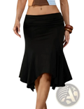 Black high waisted fishtail midi skirt with a fitted silhouette and irregular asymmetrical hemline