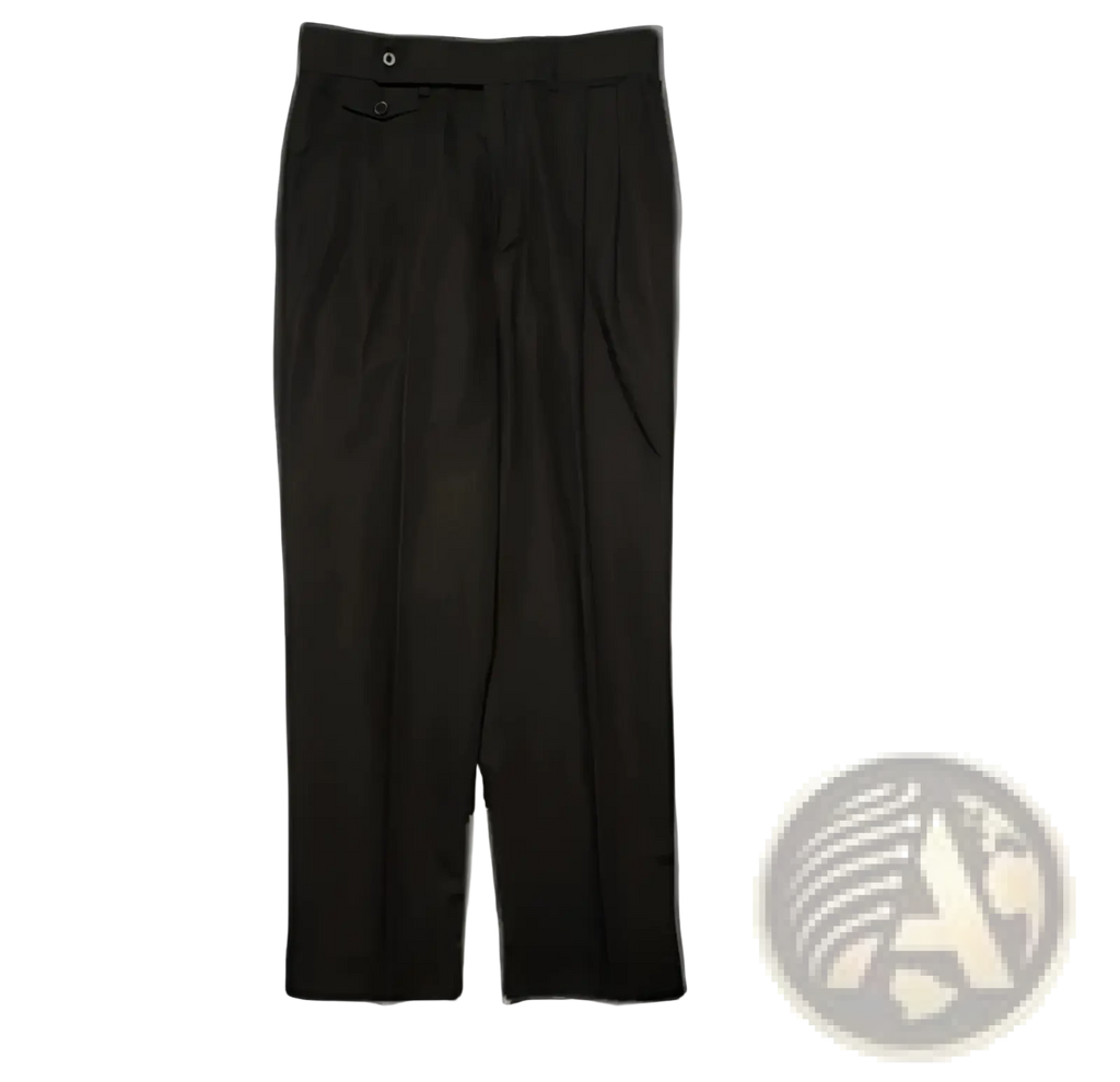 Black high waisted linen trousers for men with tailored fit pleats and a buttoned waistband