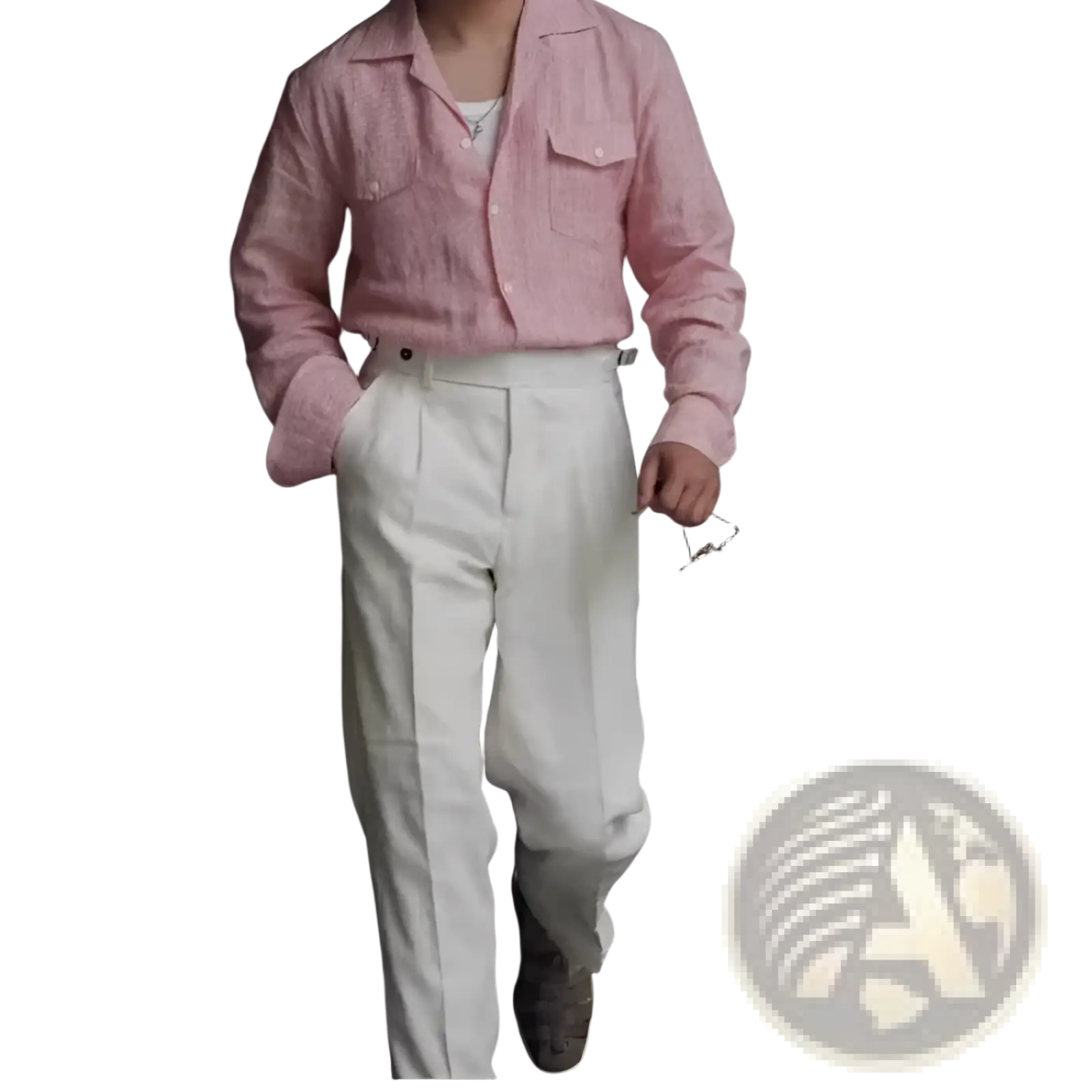 A light pink long-sleeved button-up shirt with subtle textured weave and chest pockets paired with high waisted linen trousers men