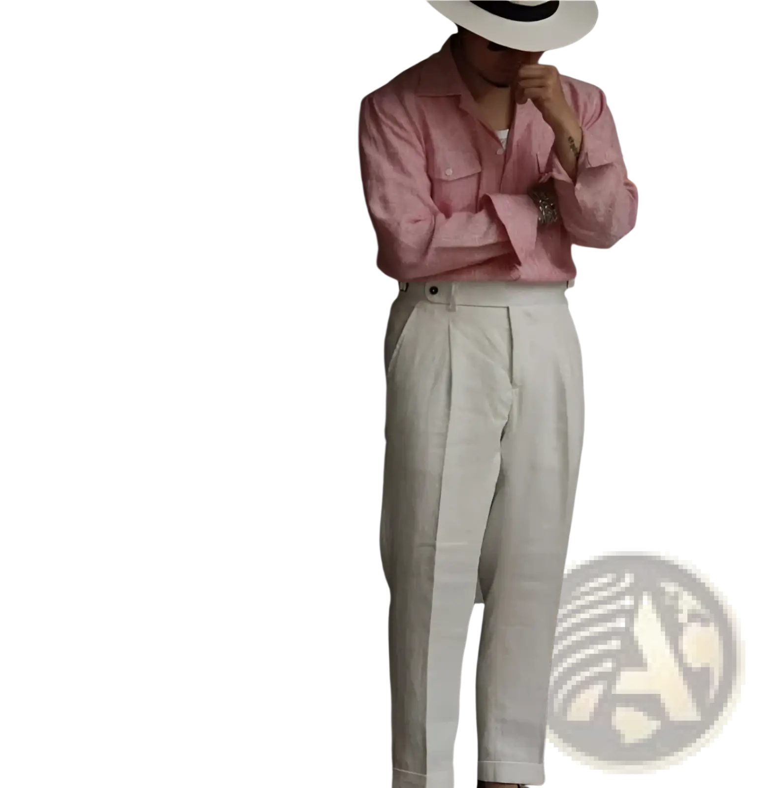 A man wearing high waisted white linen trousers paired with a pink button-up shirt