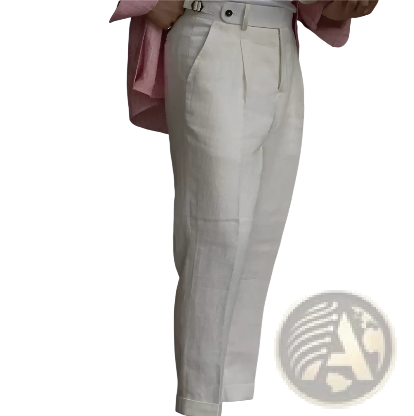 White high waisted linen trousers for men featuring a pleated front and tailored fit