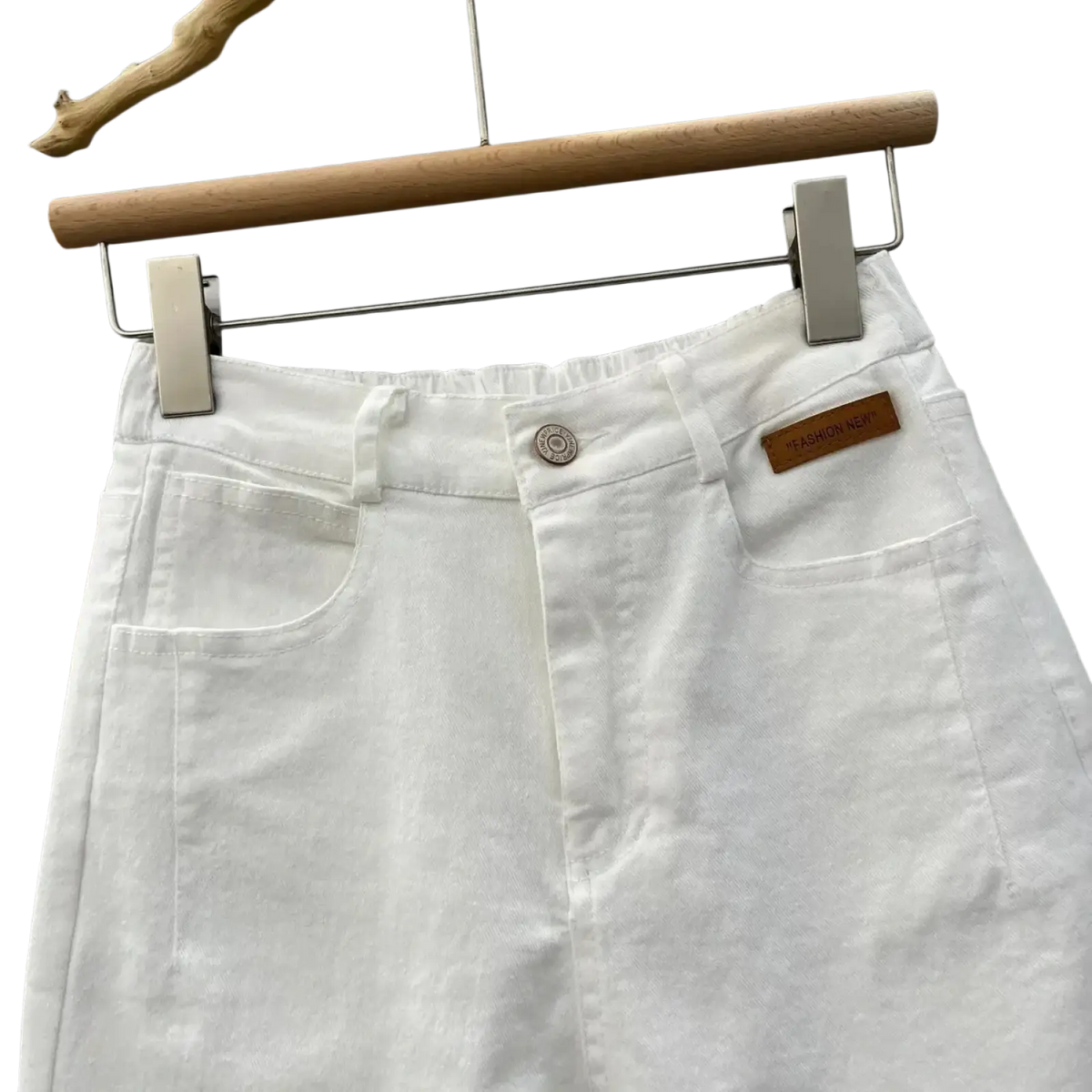 High waisted loose white denim skirt with button closure and brown leather brand tag