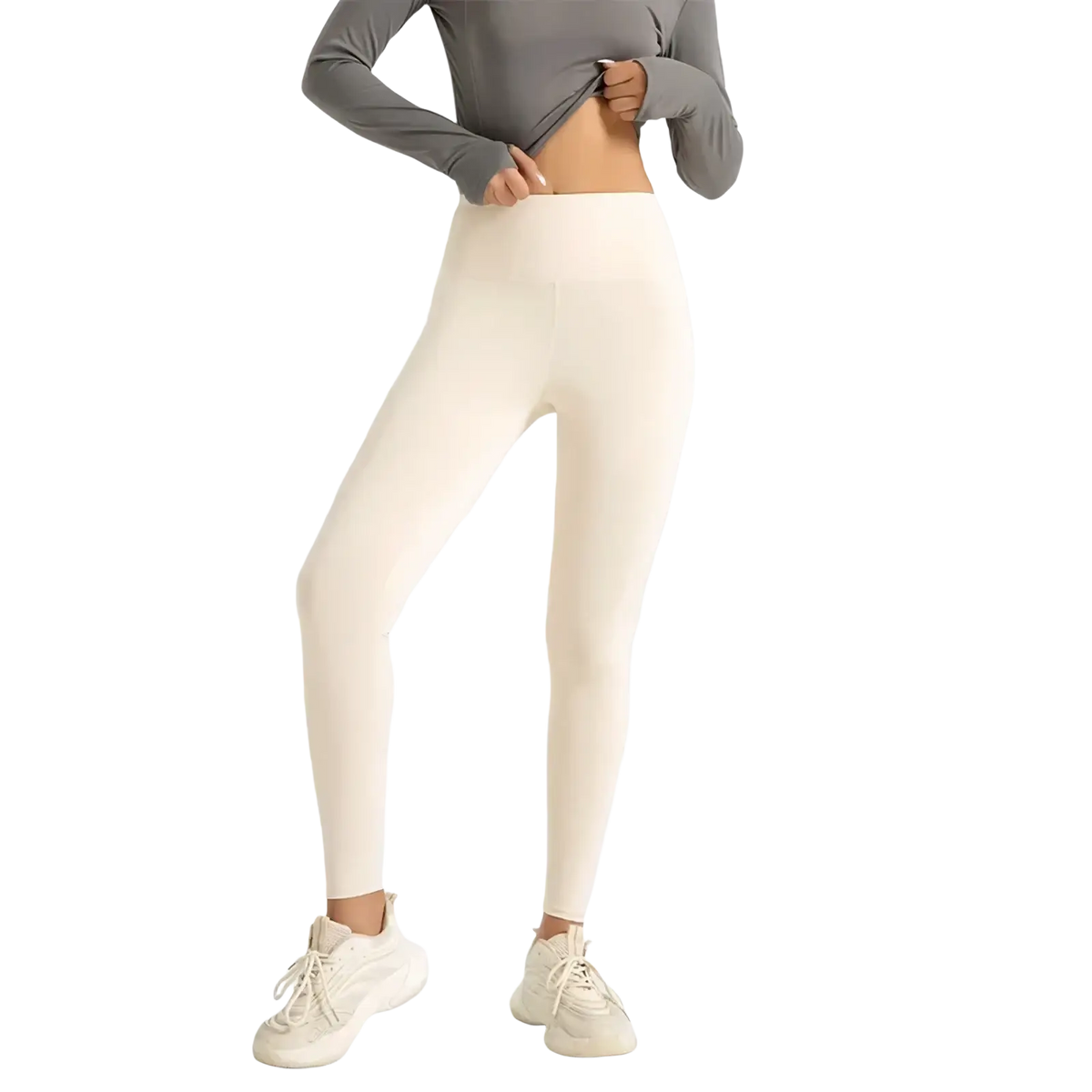 High waisted cream-colored leggings made of smooth stretchy fabric ideal for yoga in size 3XL