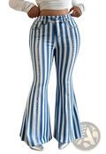 High-waisted patchwork flare jeans in blue and white vertical stripes with classic denim stitching and button closure