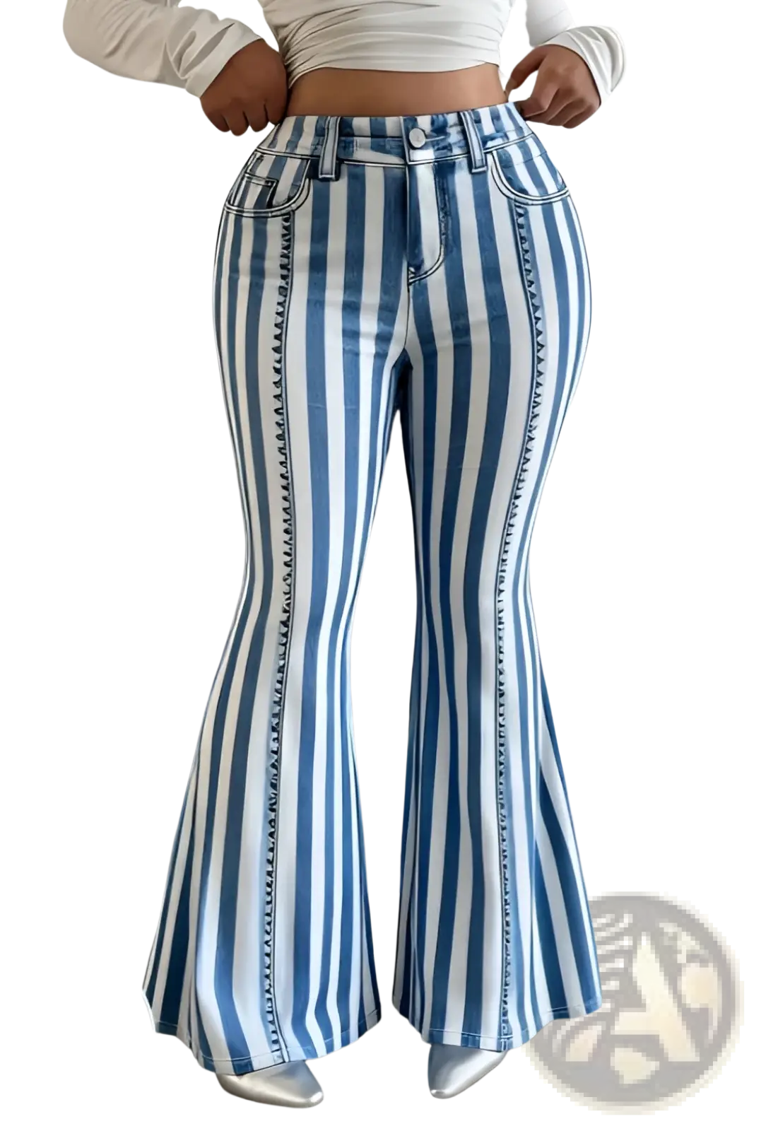 High-waisted patchwork flare jeans in blue and white vertical stripes with classic denim stitching and button closure
