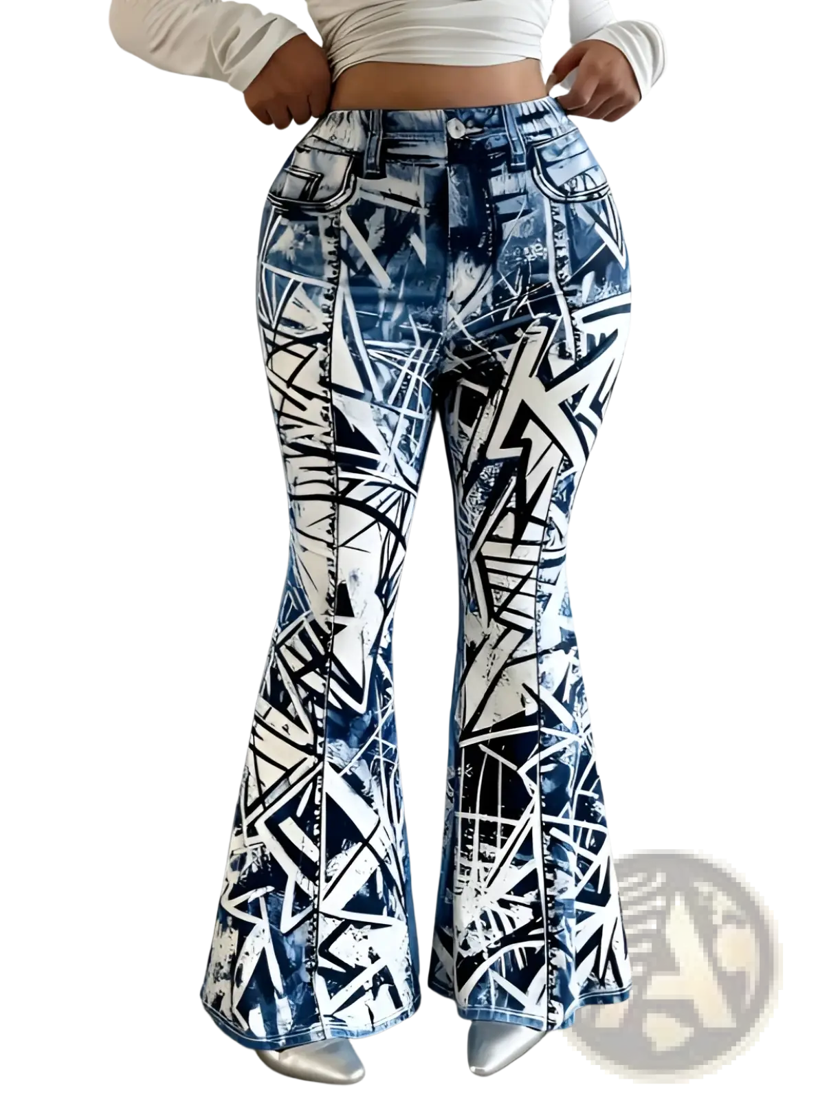 High-waisted patchwork flare jeans featuring blue and white abstract graffiti-patterned non-denim fabric