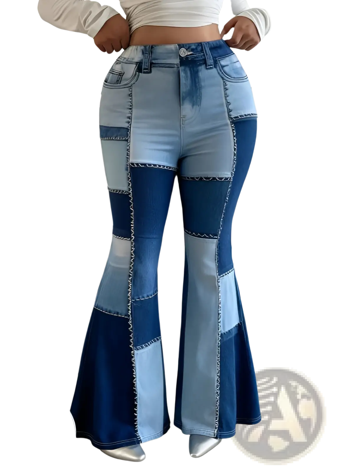 High-waisted patchwork flare jeans in multiple shades of blue denim stitched in an asymmetrical pattern