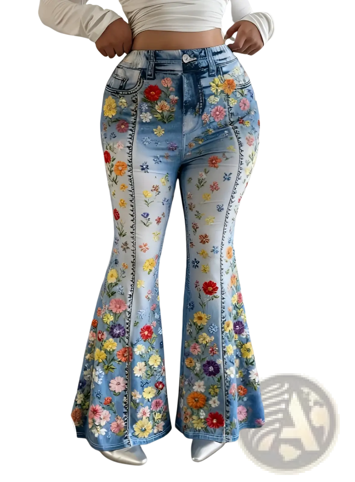 High-waisted blue denim flare jeans with colorful red yellow pink and purple embroidered floral patches