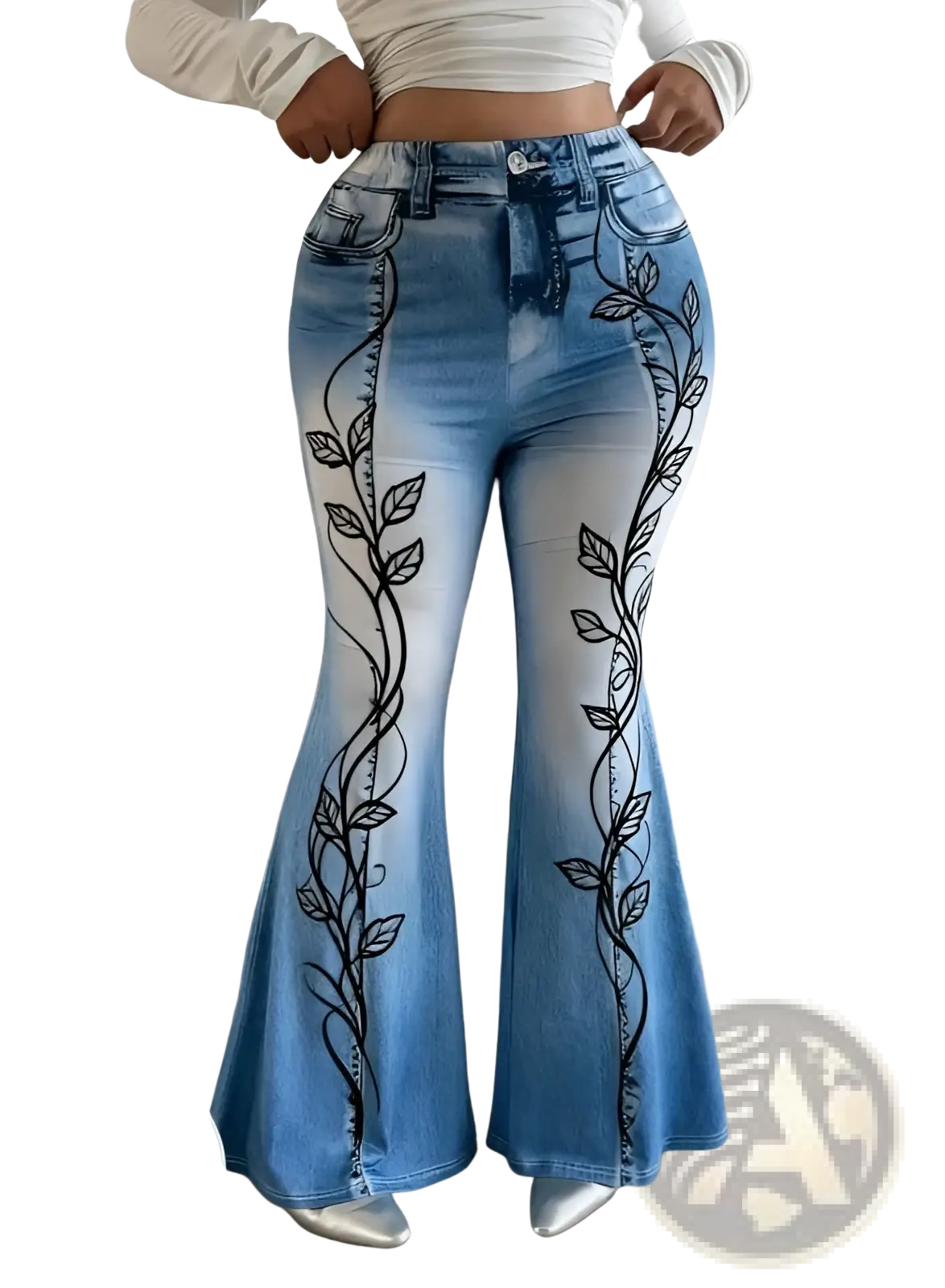 High-waisted light blue non-denim patchwork flare jeans with black vine and leaf embroidery on outer legs