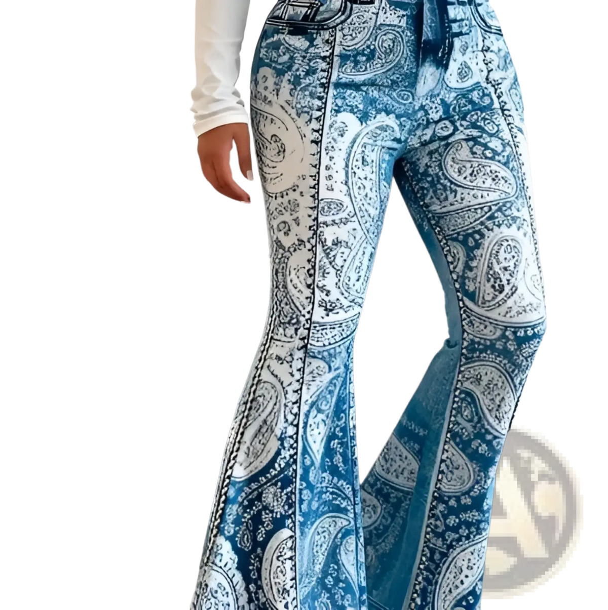 High-waisted patchwork flare jeans featuring blue and white paisley-patterned flared denim pants