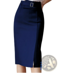 Navy blue high waisted pencil skirt with silver buckle waistband and side slit for a stylish professional look