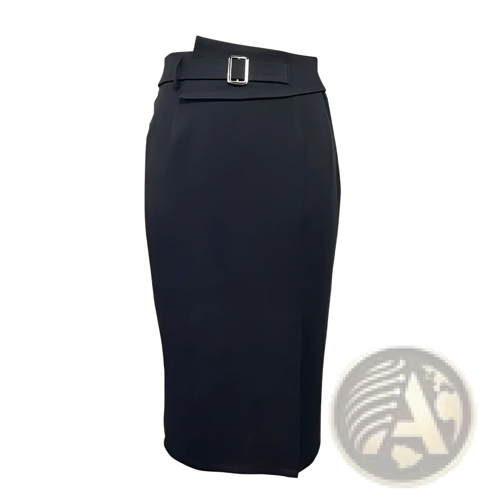 Black high waisted tailored pencil skirt with silver toned rectangular buckle at the waist in front view