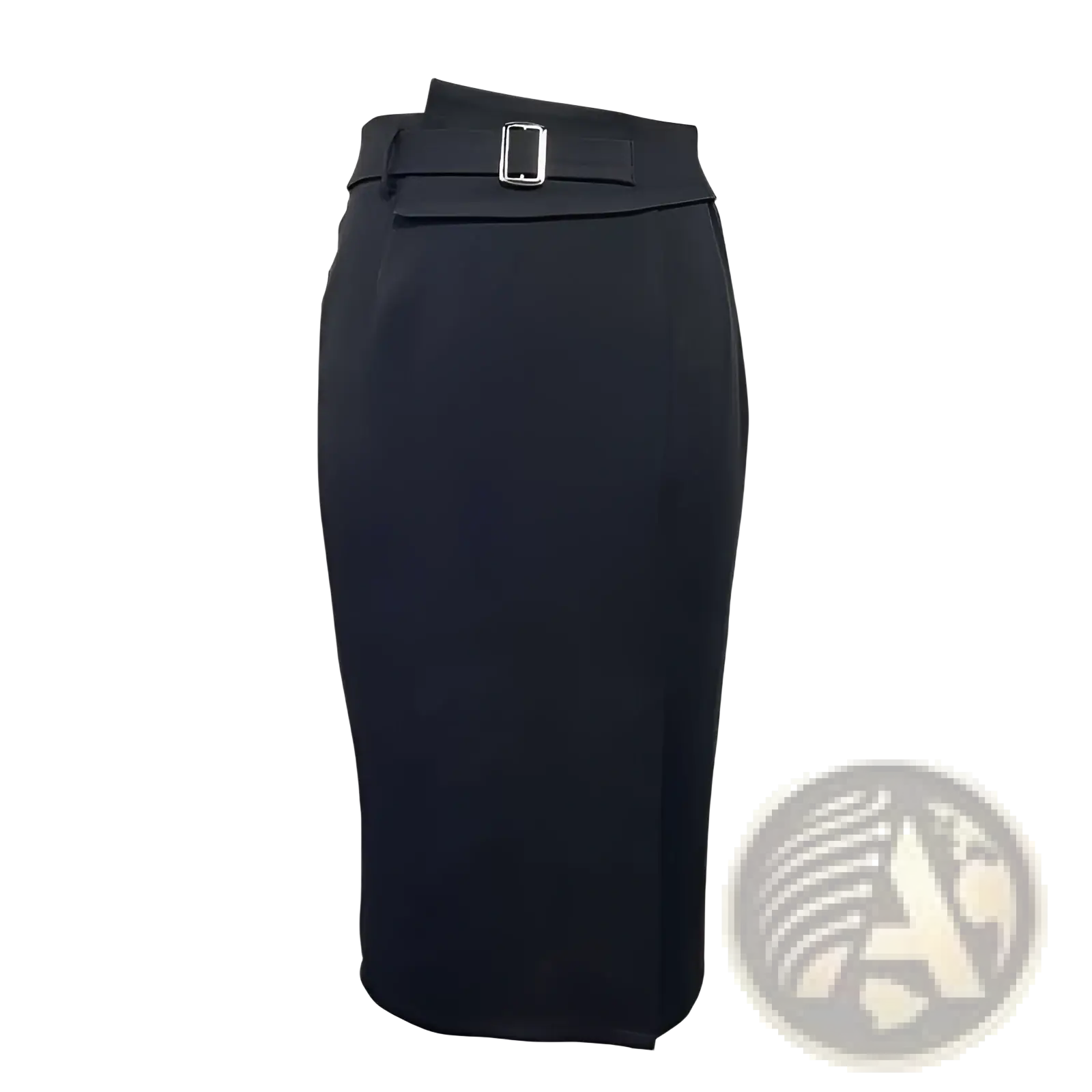 Black high waisted tailored pencil skirt with silver toned rectangular buckle at the waist in front view