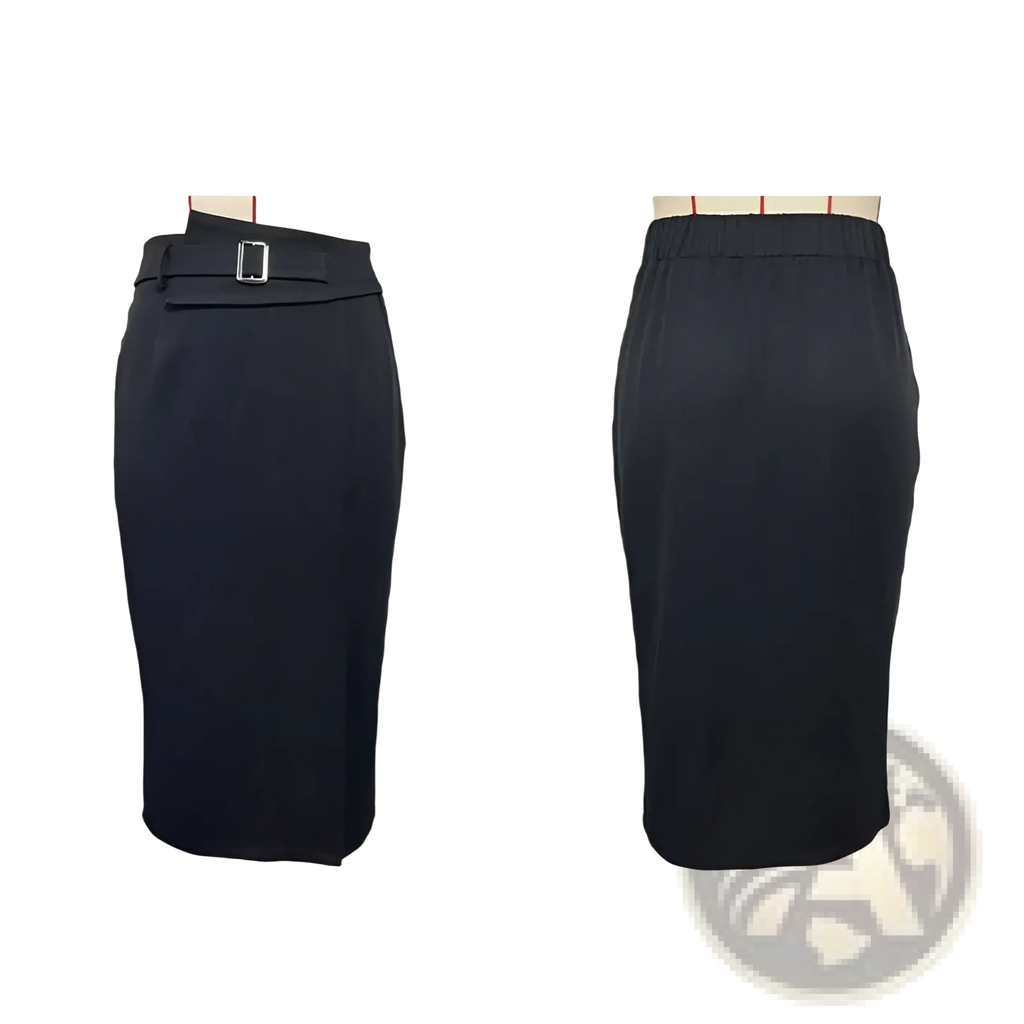 Black high waisted pencil skirt with silver buckle at the waistband made of smooth fabric for formal wear