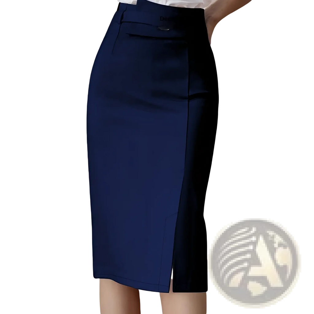 High waisted navy blue and black color-blocked pencil skirt with front slit and silver buckle detail