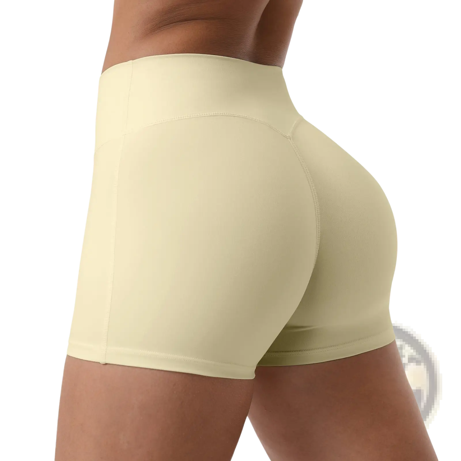 Cream-colored high waisted quick dry running shorts with smooth stretchy fabric and seamless construction