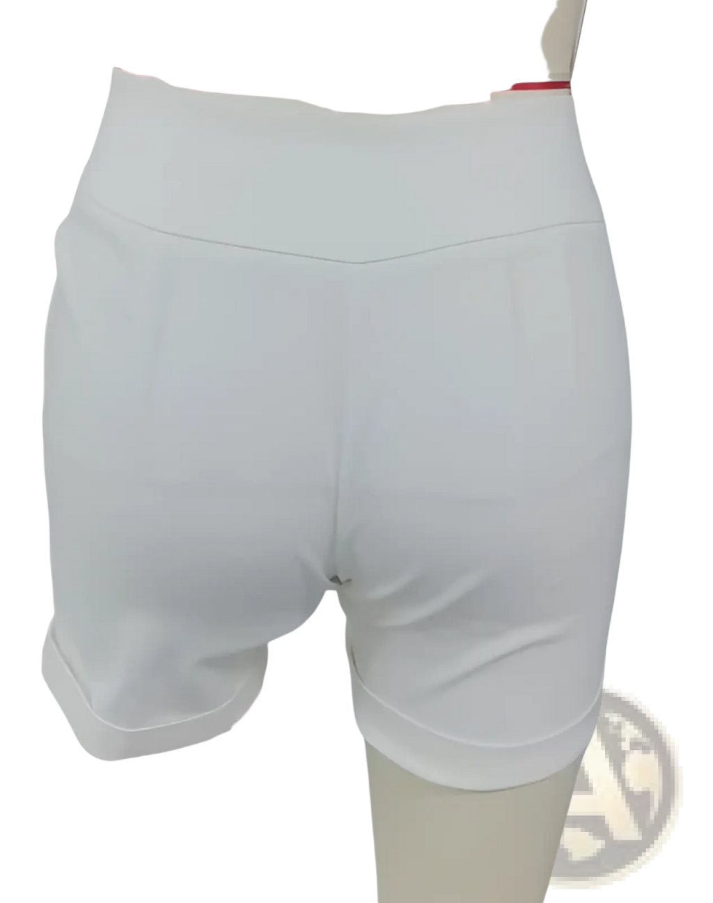 White high-waisted rolled cuff shorts made of smooth tailored fabric with neatly rolled cuffs for a polished look