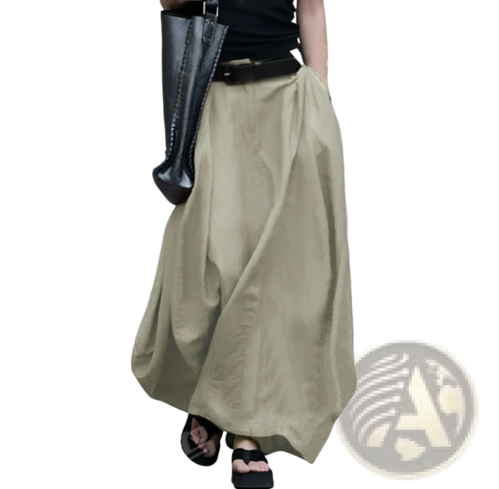 Beige high-waisted satin maxi skirt with flowing wide-leg draped silhouette for elegant long wear