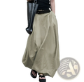 Beige high-waisted satin maxi skirt with flowing wide-leg draped silhouette for elegant long wear