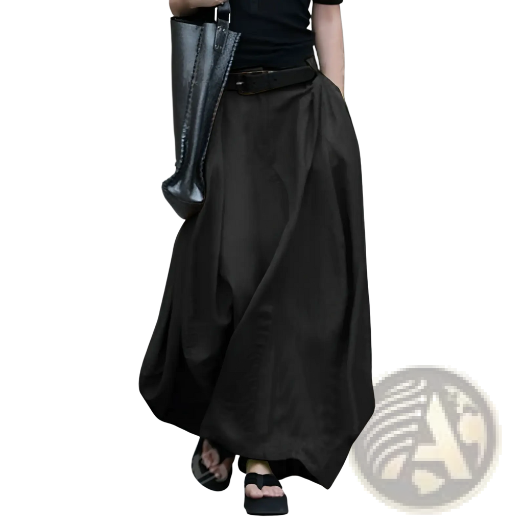 Black high-waisted satin maxi skirt with flowing relaxed fit and subtle pleats for elegant occasions