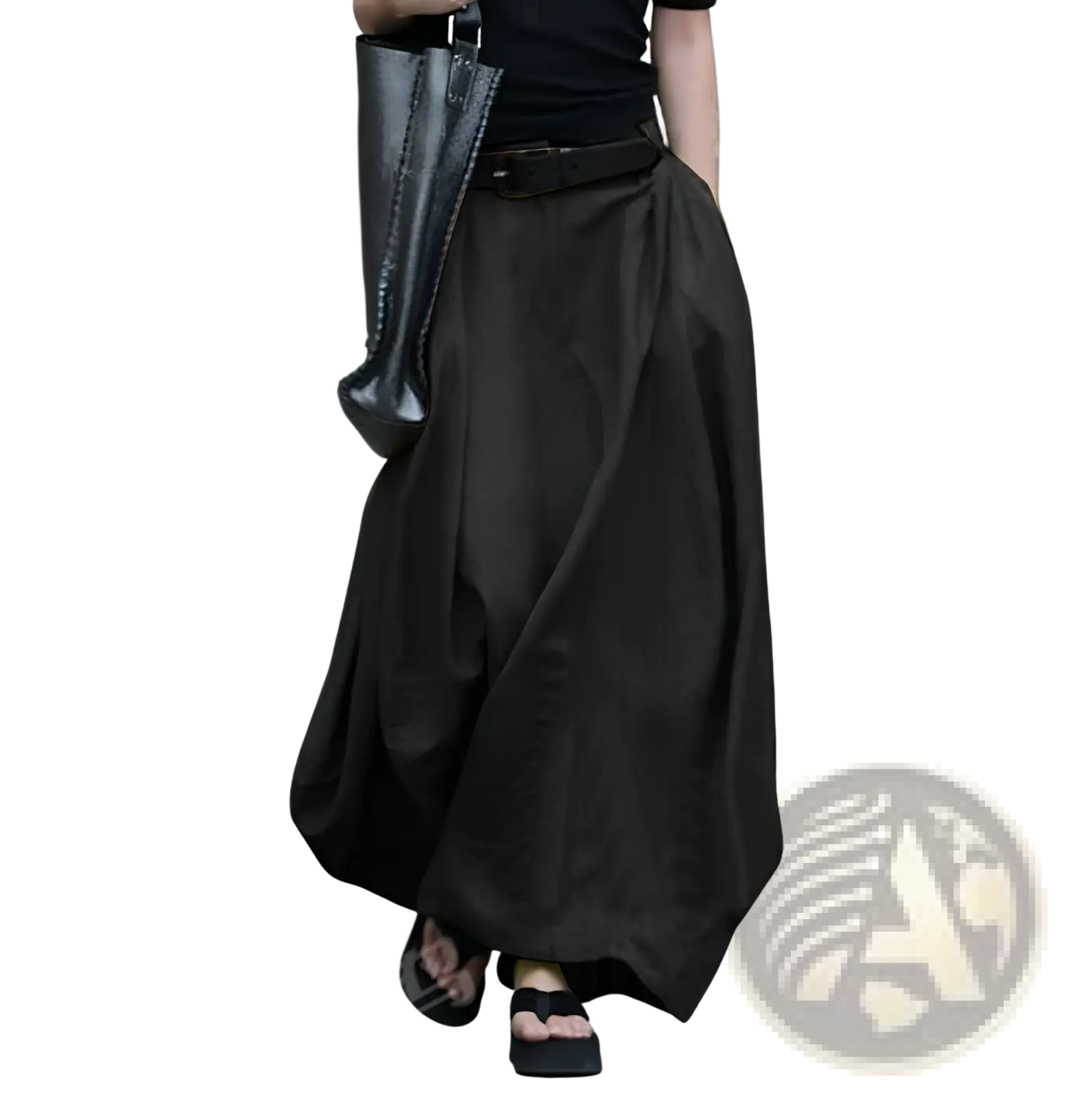 Black high-waisted satin maxi skirt with flowing relaxed fit and subtle pleats for elegant occasions