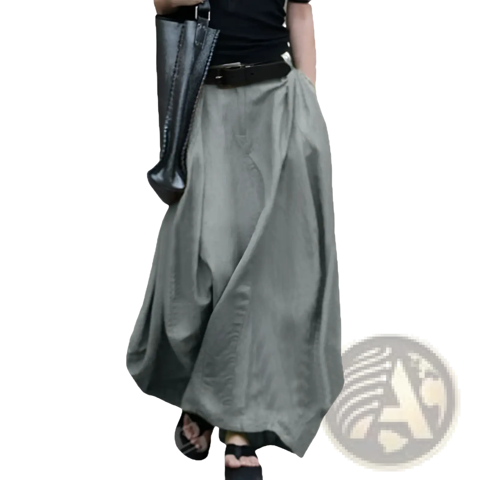 High-waisted satin maxi skirt with flowing gray wide-leg pants featuring a relaxed fit and subtle texture