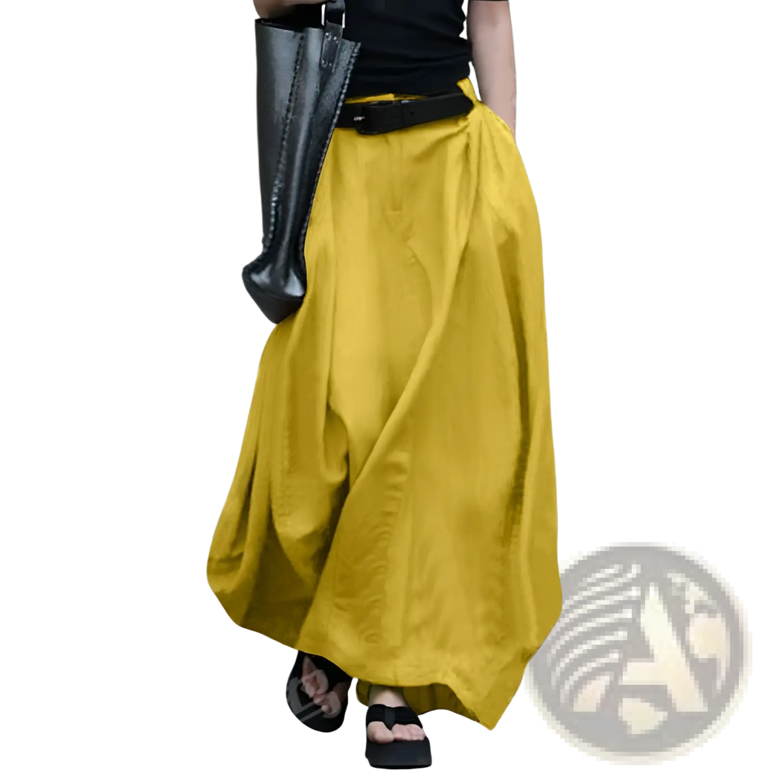 High-waisted satin maxi skirt in mustard yellow with a flowing wide-leg and relaxed draped silhouette