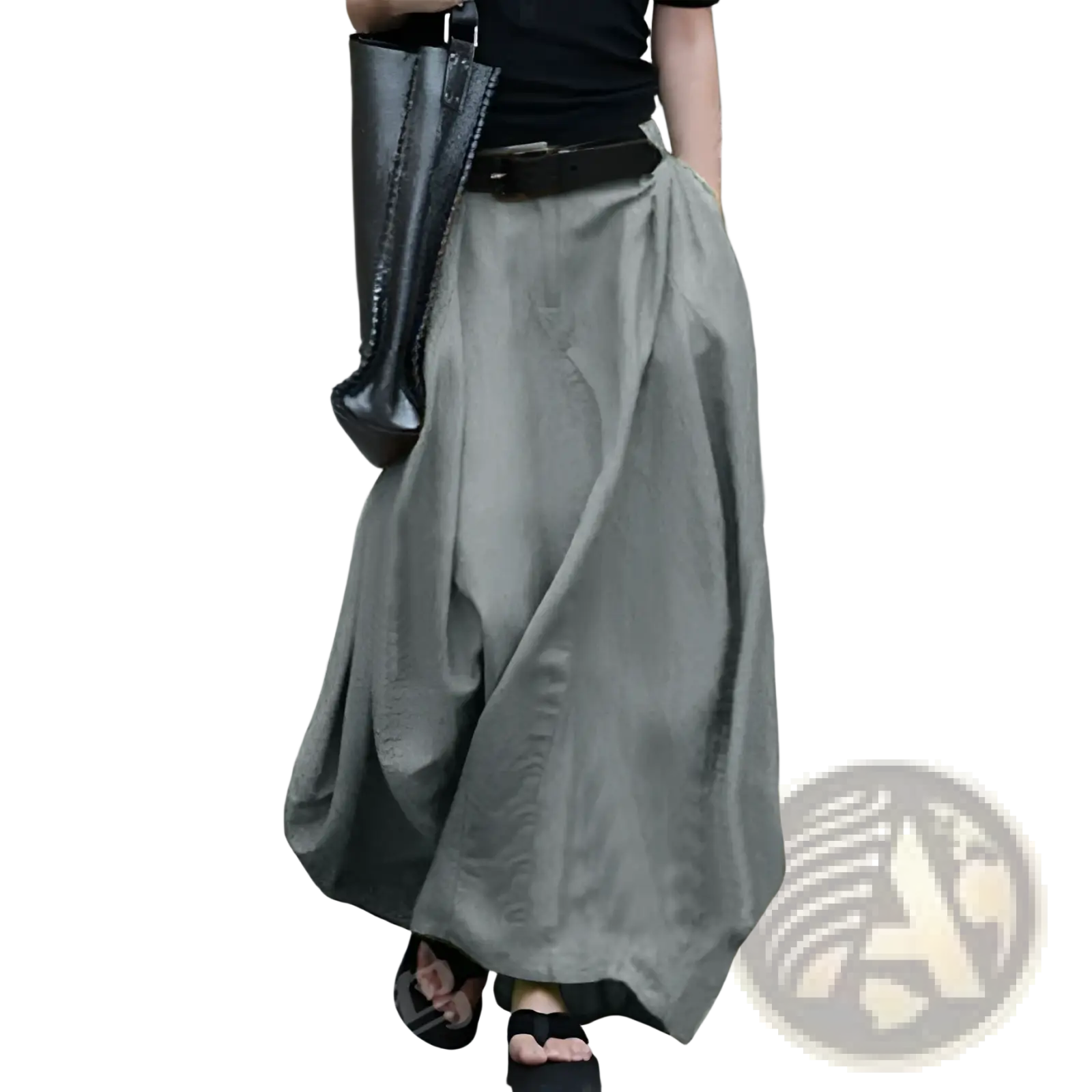 A flowing olive-green linen maxi skirt with relaxed fit and pleats designed as a high-waisted satin long skirt