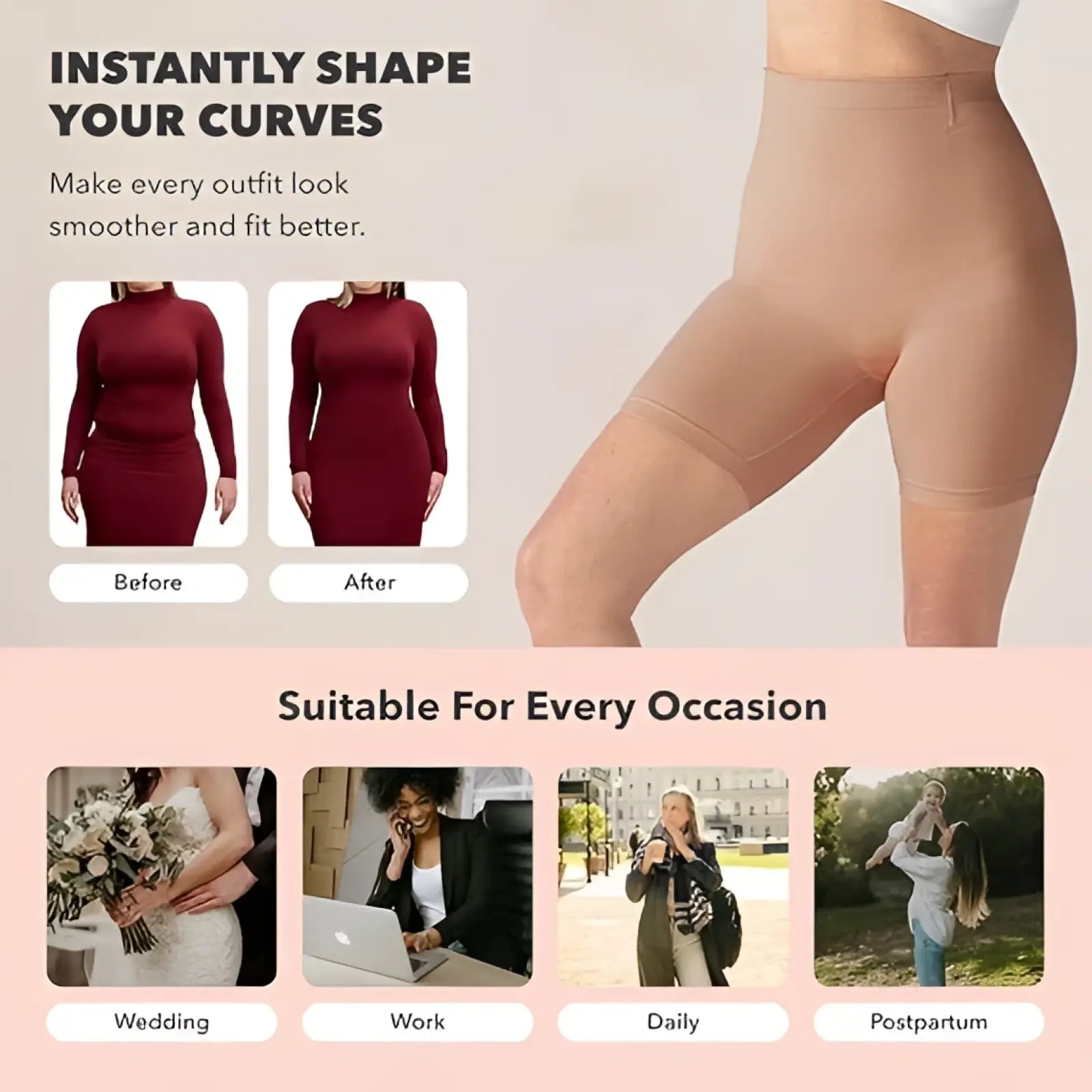 Beige high-waisted shaping panty with seamless design for smooth and flattering curves in shapewear shorts set