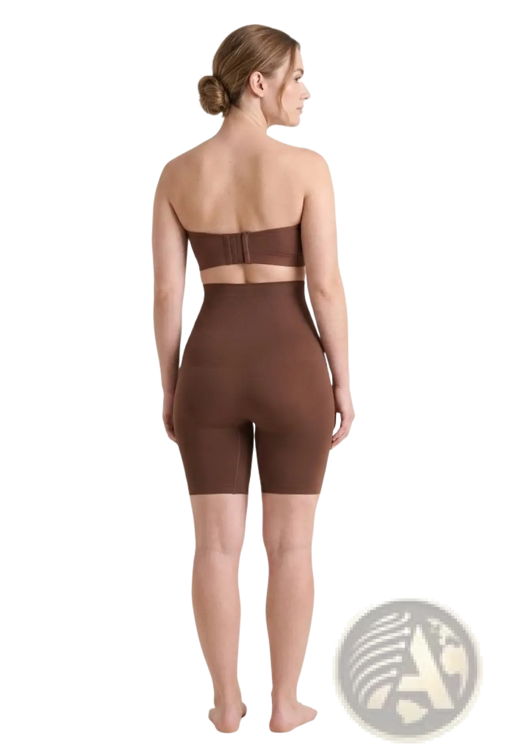 Brown high-waisted seamless shapewear shorts with matching strapless top providing smooth body contouring