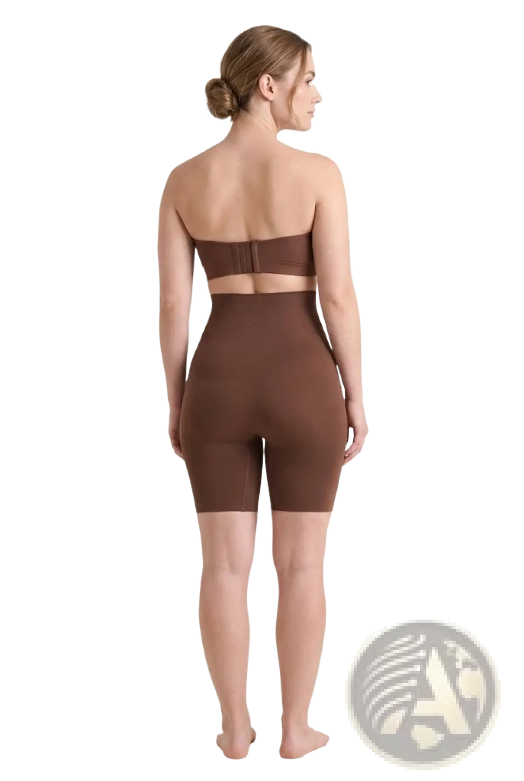 Brown high-waisted seamless shapewear shorts with matching strapless top providing smooth body contouring