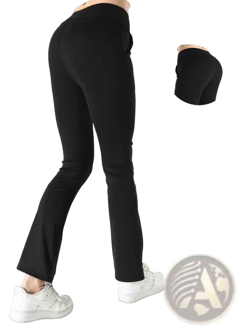 Black high waisted sharkskin flare leggings crafted from stretchy quality fabric with a flattering flared leg design