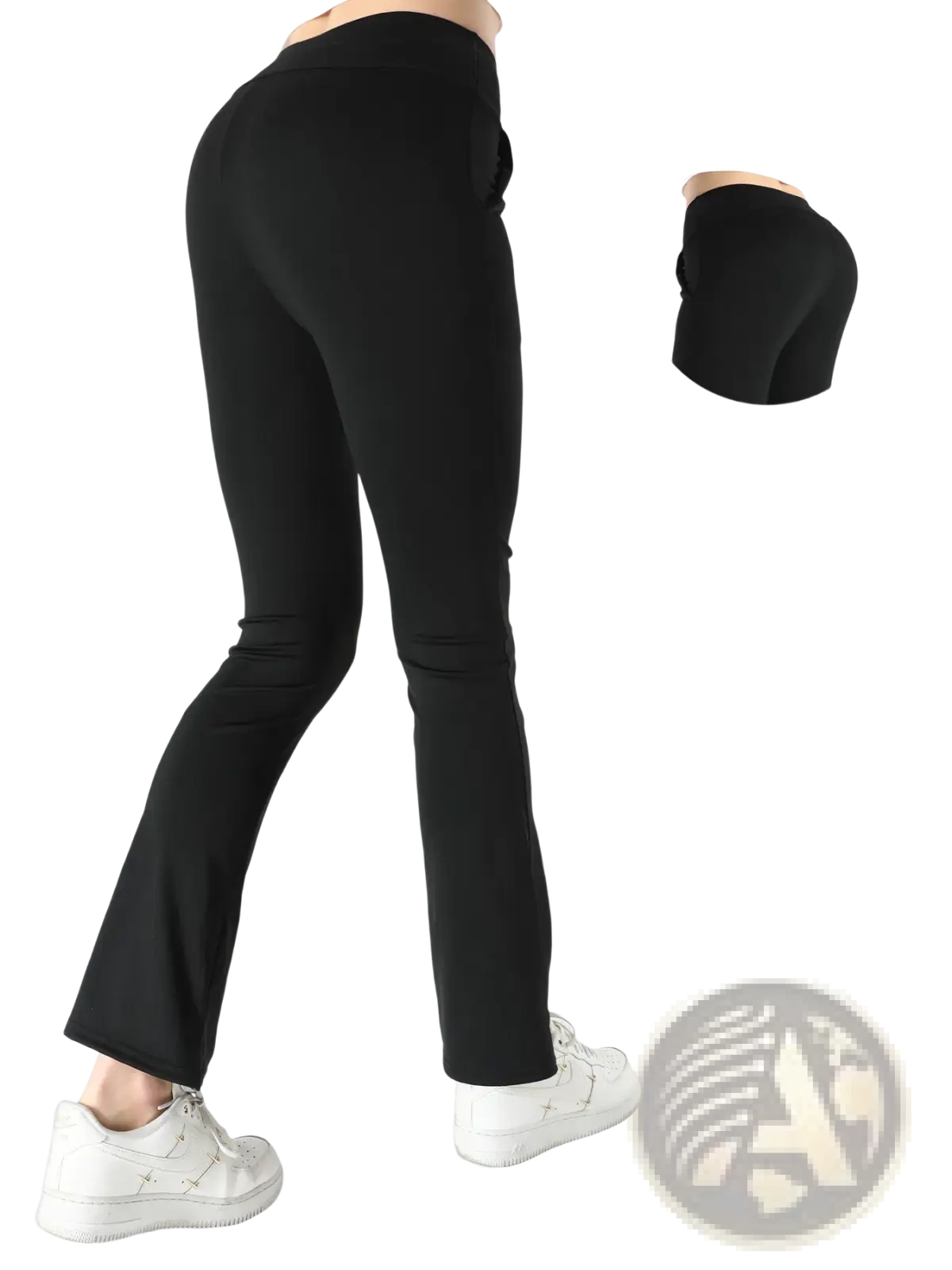 Black high waisted sharkskin flare leggings crafted from stretchy quality fabric with a flattering flared leg design