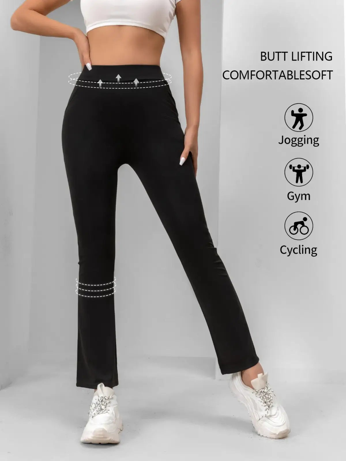 Black high waisted sharkskin flare leggings with a snug fit and subtle elastic waistband shown from the front