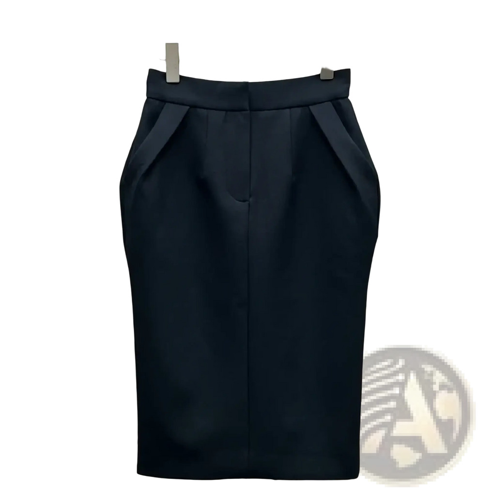 Black high waisted straight pencil skirt with a sleek tailored fit and subtle pleats at the waistband
