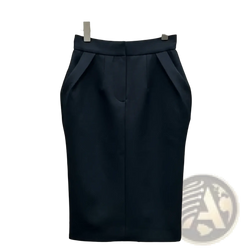 Black high waisted straight pencil skirt with a sleek tailored fit and subtle pleats at the waistband