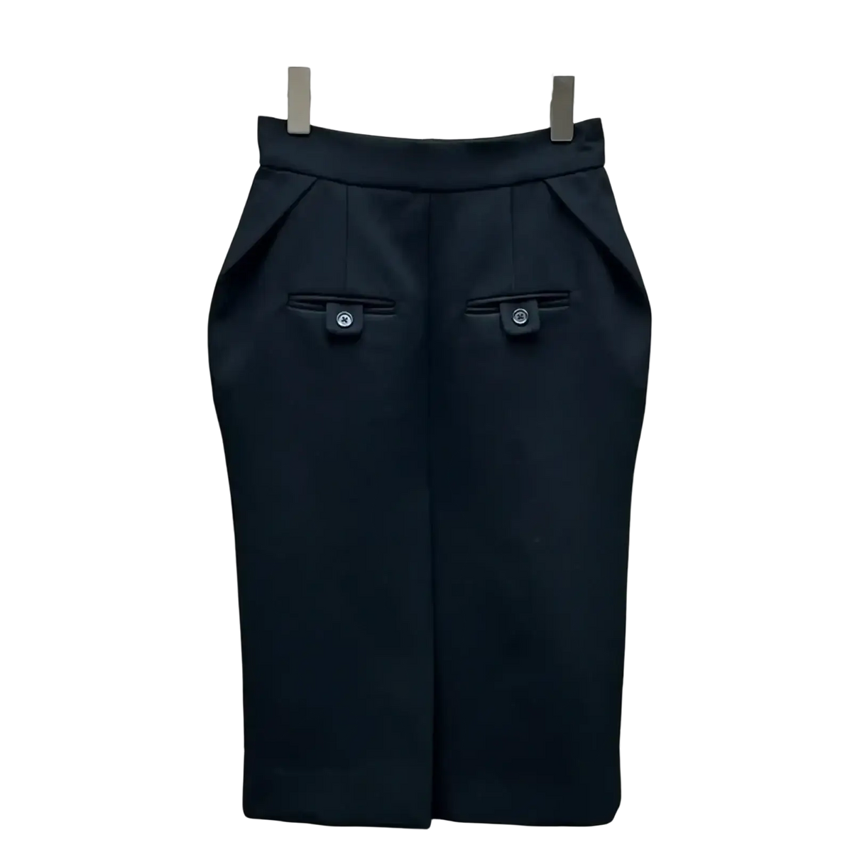 Black high waisted straight pencil skirt with two front flap pockets secured by small buttons for a tailored look