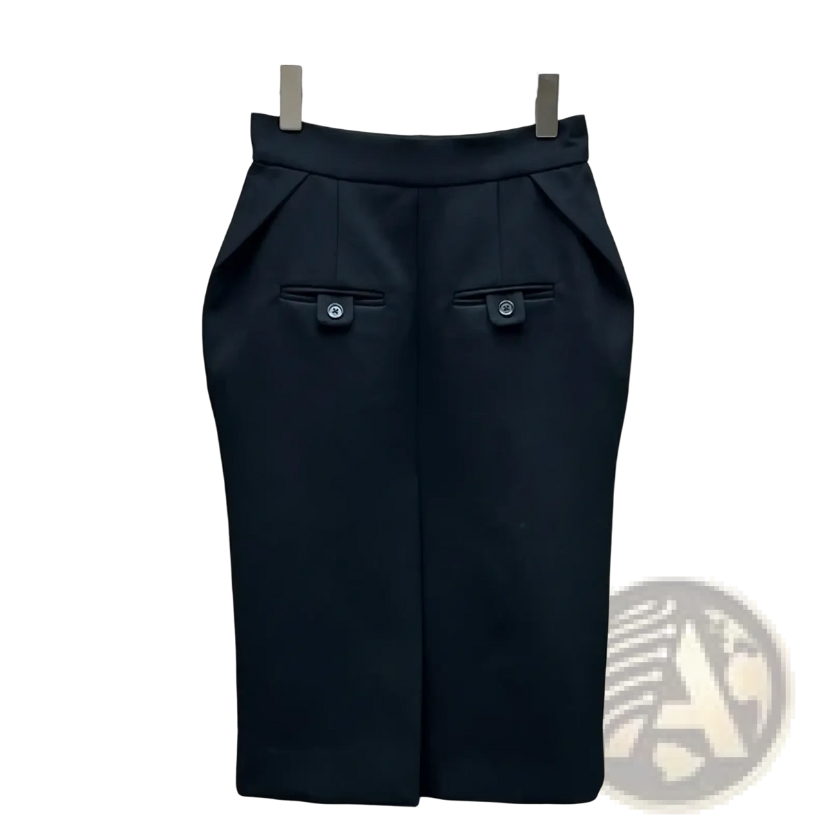 High waisted straight black pencil skirt with two front flap pockets and small circular buttons for a polished look