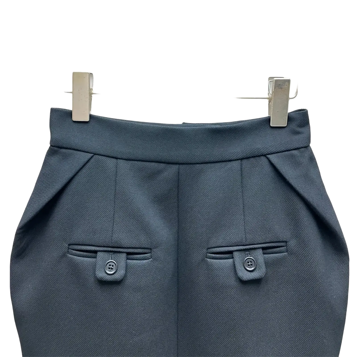 High waisted straight pencil skirt in dark gray tailored fabric with structured waistband and buttoned flap pockets