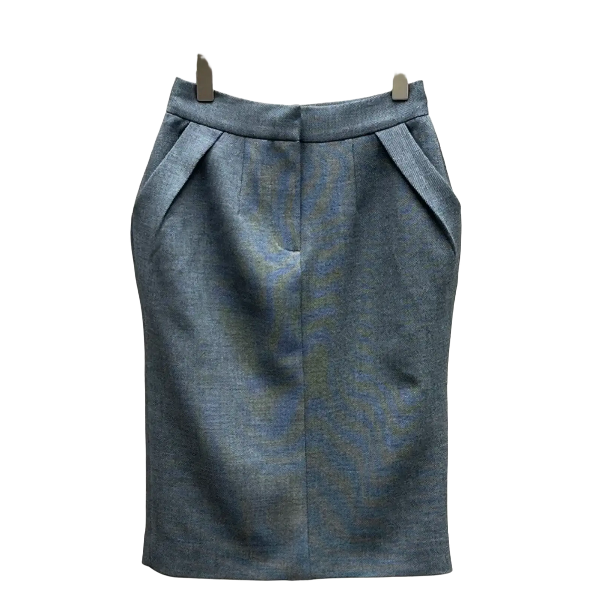 A tailored high waisted gray wool blend straight pencil skirt with pleated side pockets for a polished look