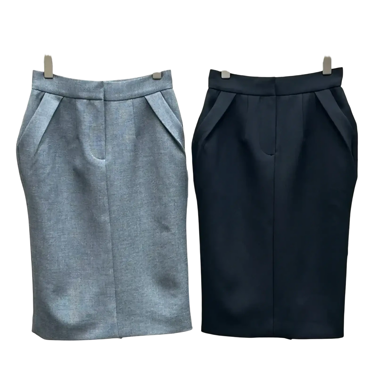 Two high waisted straight pencil skirts in heather gray and deep navy blue tailored fabric for professional wear