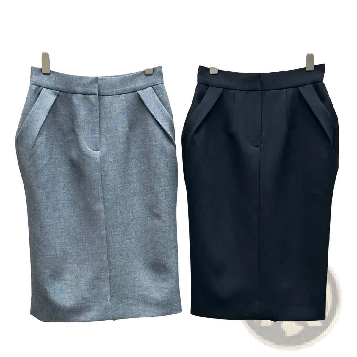 Two high waisted straight pencil skirts in heather gray and black with pleated side panels tailored for formal wear