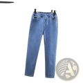 High waisted stretch light blue denim jeans featuring light-wash blue denim with elastic waistband and classic front pockets