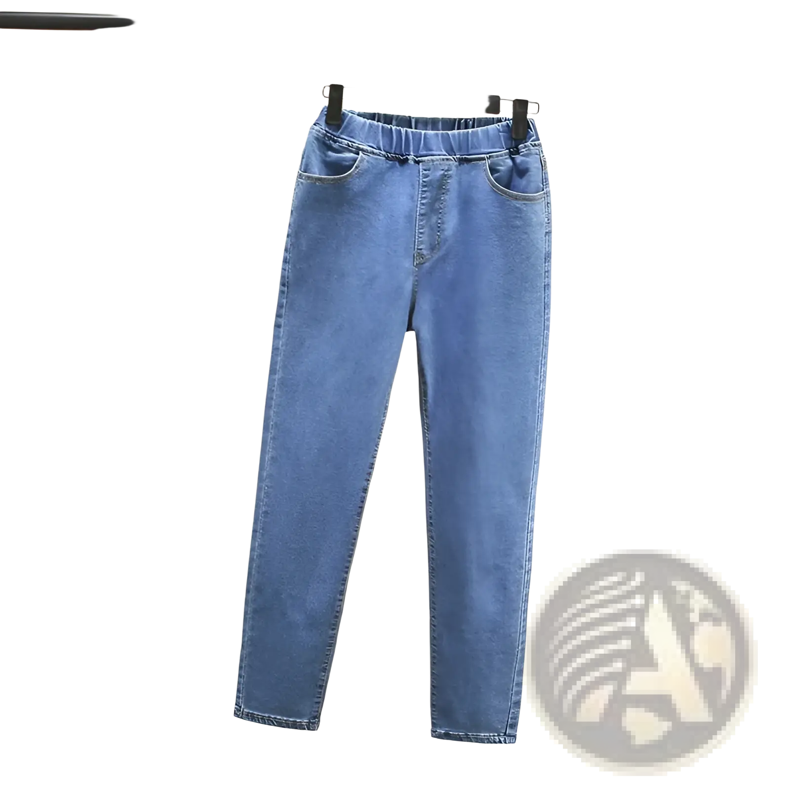 High waisted stretch light blue denim jeans featuring light-wash blue denim with elastic waistband and classic front pockets