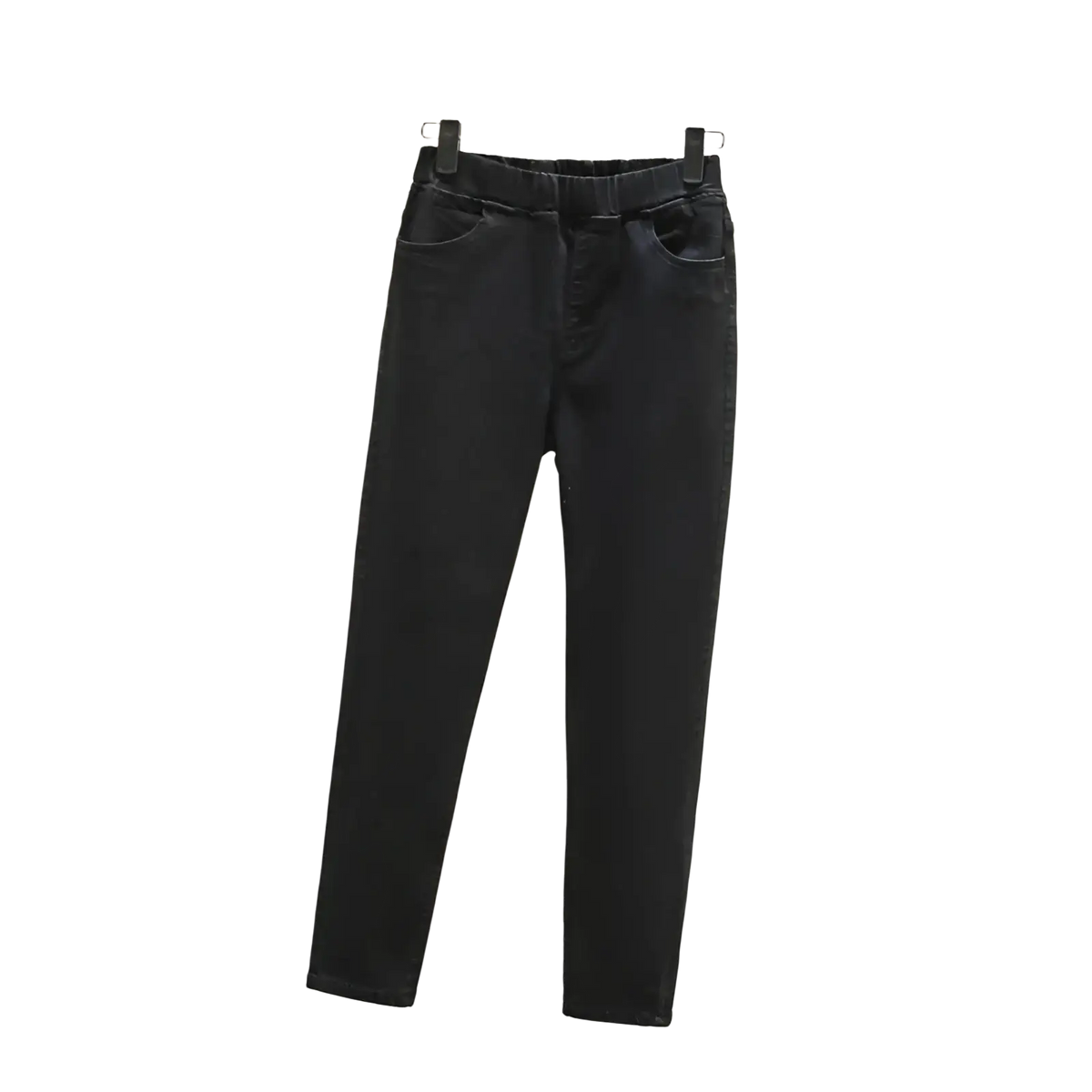 Black denim jeans with elastic waistband and straight legs hanging on a hanger suitable for casual wear