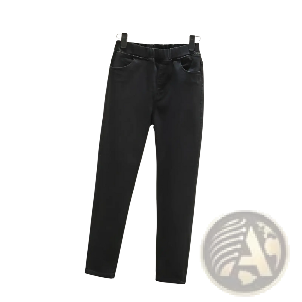 Black slim fit denim jeans with elastic waistband made from stretch material for comfortable wear