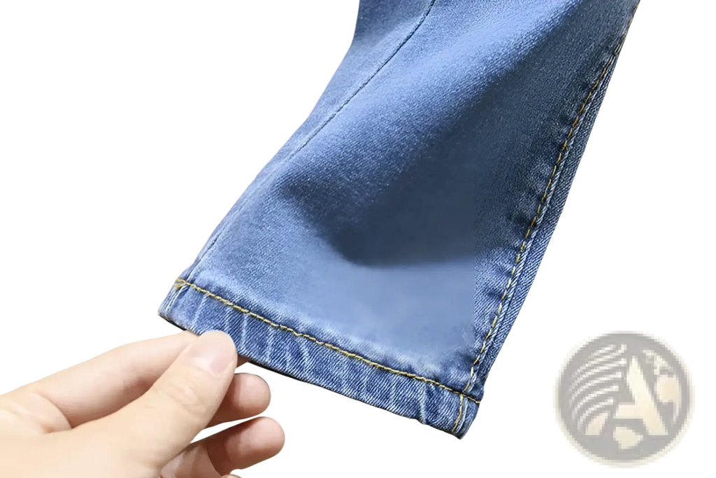 High waisted stretch light blue denim jeans cuff with yellow stitching showcasing detailed craftsmanship