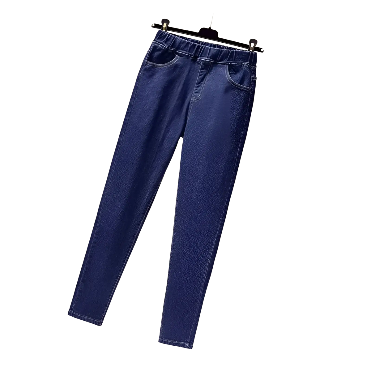 Dark blue denim jeans with elastic waistband and classic front pockets designed for high waisted stretch fit