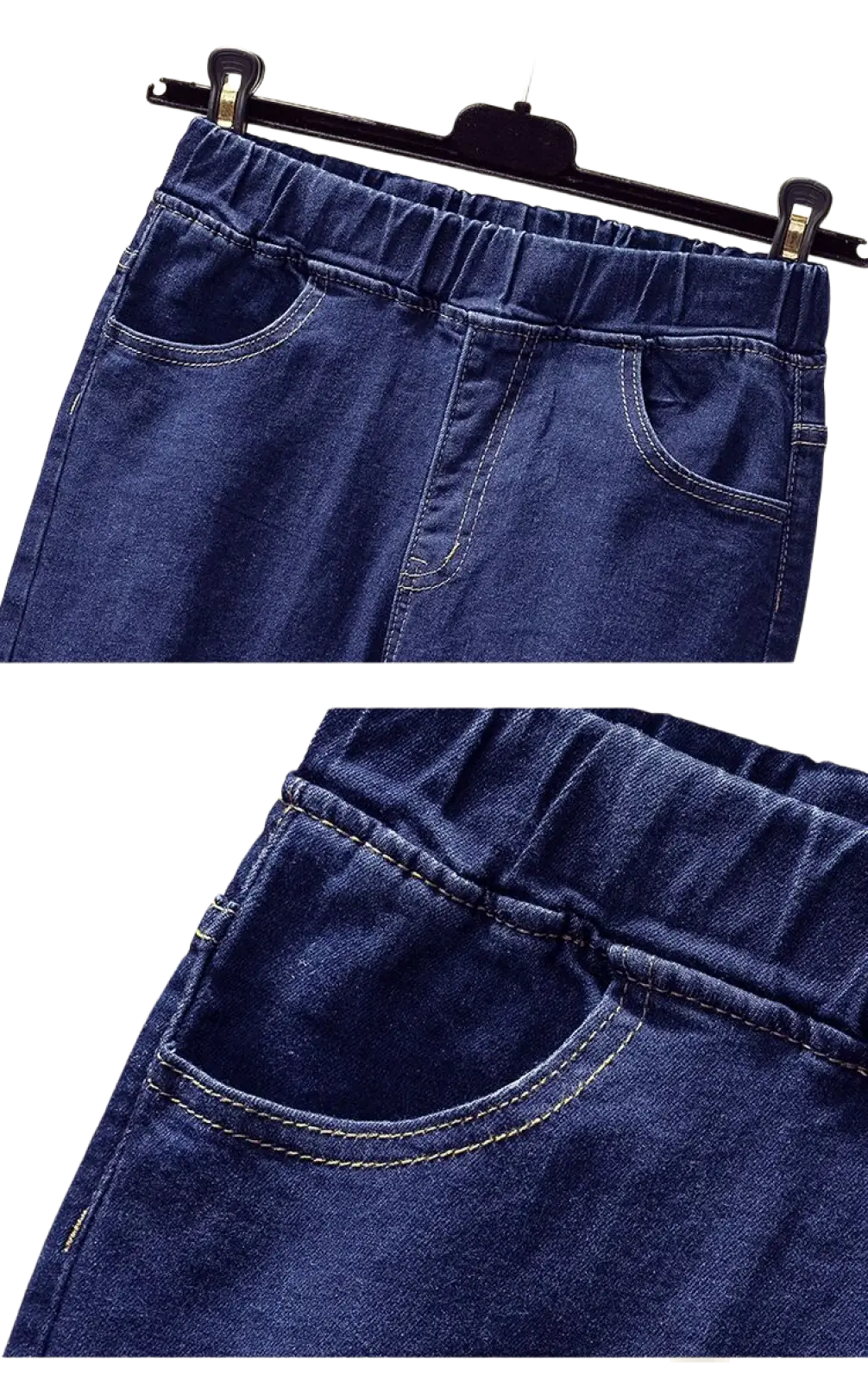 Pantalon en denim bleu foncé à taille élastique et poches à l’avant, fabriqué dans un tissu extensible adapté au style de jeans en denim bleu clair taille haute.