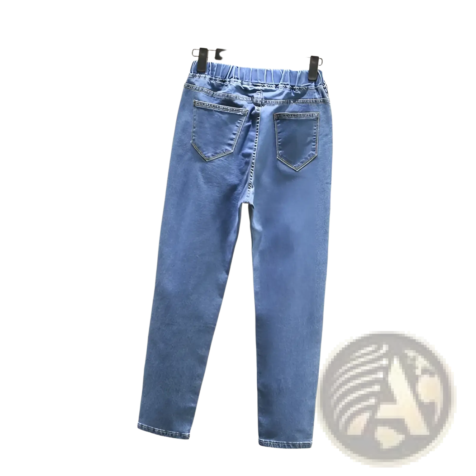 High waisted stretch light blue denim jeans shown from the back with elastic waistband and two back pockets